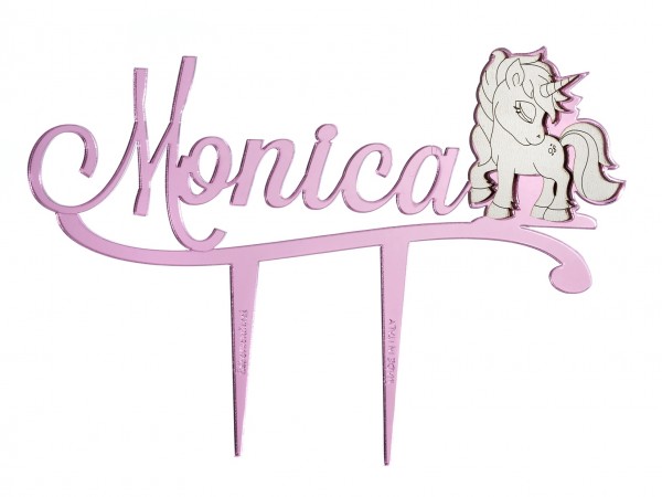 Cake topper stick con nome e unicorno in specchio rosa